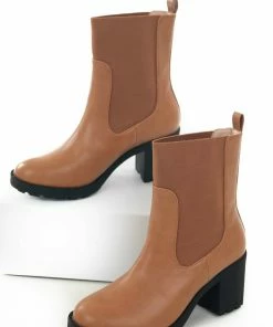 Intouch Footwear Shoes Caramel Faux Leather Elastic Panel Lug Booties