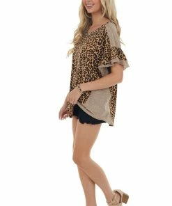 GiGiO Camel Brown Leopard Short Layered Sleeve Top Tops
