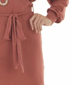 She + Sky Terracotta Long Dolman Sleeve Boat Neck Dress