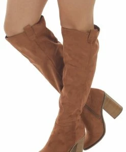 FORTUNE DYNAMIC Shoes Caramel Suede Block Heel Knee High Boots