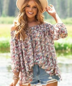 Davi & Dani Latte Floral Print Smocked Off Shoulder Blouse Tops