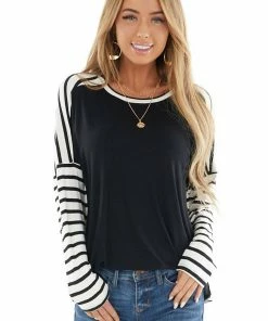Lovely Melody Tops Black And Ivory Striped Long Sleeve Top With Solid Front 23 Lovely Melody Tops Black And Ivory Striped Long Sleeve Top With Solid Front