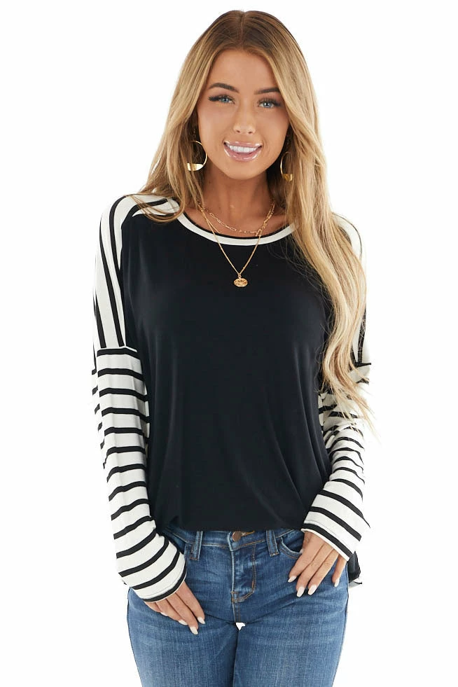 Lovely Melody Tops Black And Ivory Striped Long Sleeve Top With Solid Front 10 Lovely Melody Tops Black And Ivory Striped Long Sleeve Top With Solid Front