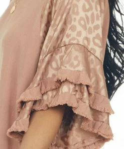 Umgee Apricot Leopard Tiered Sleeve Textured Blouse Tops