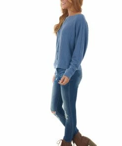 She + Sky Hazy Blue Dolman Sleeve Fleece Waffle Knit Top