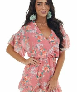 Peach Love Watermelon Floral Print Surplice Neck Romper