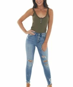 ANGIE Olive Ribbed Knit Tank Top With Button And Lace Trim Details