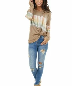 FSL APPAREL Walnut And Ivory Long Sleeve Top With Tie Dye Detail Tops
