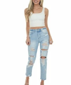 American Fit Light High Rise Distressed Boyfriend Jeans