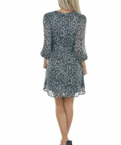 Umgee Dresses Black And Ivory Floral Long Sleeve Woven Dress