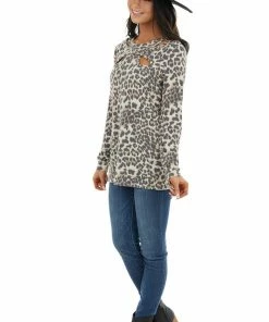 Vanilla Bay Beige Leopard Print Knit Long Sleeve Top With Cutout Neck 27 Vanilla Bay Beige Leopard Print Knit Long Sleeve Top With Cutout Neck