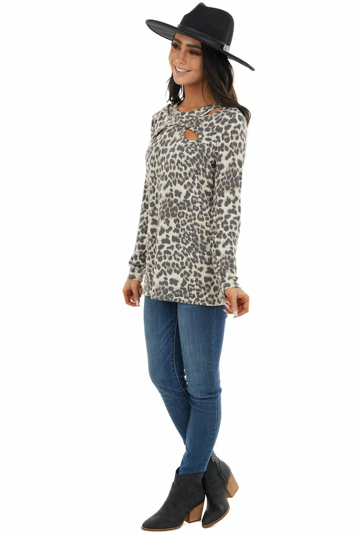 Vanilla Bay Beige Leopard Print Knit Long Sleeve Top With Cutout Neck 12 Vanilla Bay Beige Leopard Print Knit Long Sleeve Top With Cutout Neck