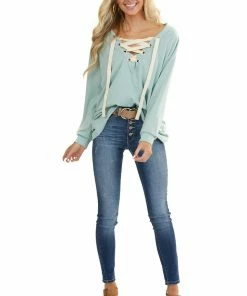 BiBi Seafoam Long Sleeve Top With Lace Up Deep V Neckline Tops 33 BiBi Seafoam Long Sleeve Top With Lace Up Deep V Neckline Tops