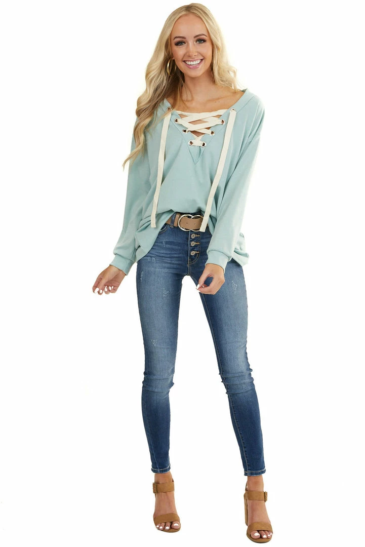 BiBi Seafoam Long Sleeve Top With Lace Up Deep V Neckline Tops 18 BiBi Seafoam Long Sleeve Top With Lace Up Deep V Neckline Tops