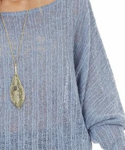 Peach Love Tops Slate Blue Loose Knit Off Shoulder Top With Dolman Sleeves