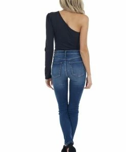 Entro Black Fitted Long Sleeve Bodysuit With One Shoulder Tops