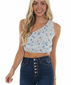 Peach Love Pastel Blue Floral One Shoulder Crop Woven Top Tops