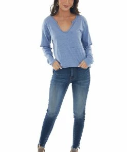 BiBi Tops Heathered Blue Notch Neck Chest Pocket Top 27 BiBi Tops Heathered Blue Notch Neck Chest Pocket Top