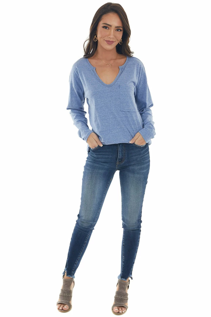 BiBi Tops Heathered Blue Notch Neck Chest Pocket Top 12 BiBi Tops Heathered Blue Notch Neck Chest Pocket Top