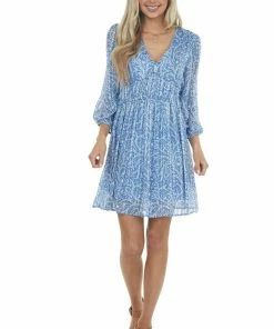 Umgee Rich Cobalt And Ivory Floral Long Sleeve Dress Dresses