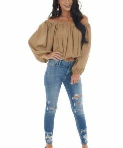La Miel Tops Peanut Off Shoulder Long Bubble Sleeve Top