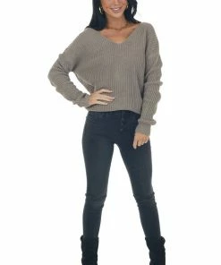 Style Melody Taupe Long Sleeve Knit Sweater With Back Twist Detail