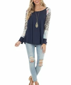 Lovely Melody Navy Waffle Knit Top With Contrast Multiprint Long Sleeves