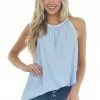 Haptics Cornflower Blue Pleated Halter Neck Tank Top