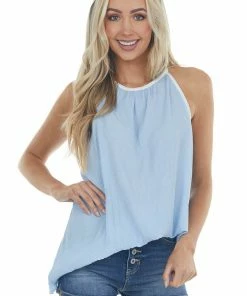 Haptics Cornflower Blue Pleated Halter Neck Tank Top