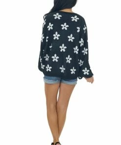 Peach Love Black And Ivory Daisy Print Sweater