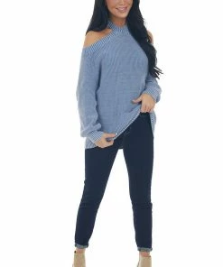 BiBi Hazy Blue Mineral Washed Cold Shoulder Sweater Tops