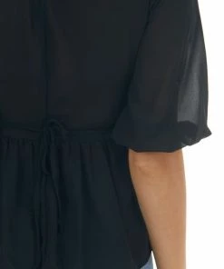 HYFVE Black Smocked Peplum Puff Sleeve Blouse