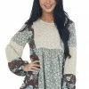Ces Femme Taupe And Olive Multiprint Long Sleeve Top Tops