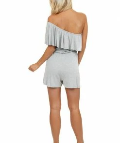 EG Fashion Heather Grey Off Shoulder Romper With Ruffle Overlay Detail Dresses