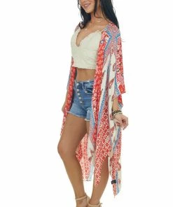 ANGIE Tops Scarlet And Cream Printed Side Slit Kimono
