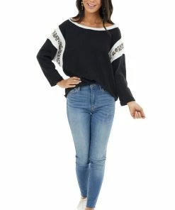 Ces Femme Tops Black 3/4 Sleeve Knit Top With Leopard Print Details