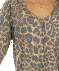 BiBi Tops Camel Leopard Print Knit Top With Reverse Stitch Details 31 BiBi Tops Camel Leopard Print Knit Top With Reverse Stitch Details