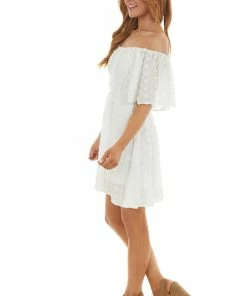 Peach Love Dresses Pearl Off Shoulder Swiss Dot Woven Short Dress