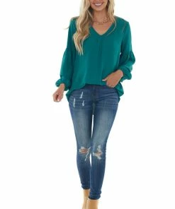 Jodifl Pine Drop Shoulder Bubble Sleeve Woven Top