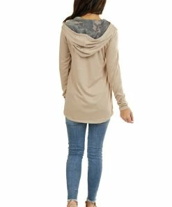 7th Ray Latte Long Sleeve Hoodie With Camo And Sequin Contrast Tops