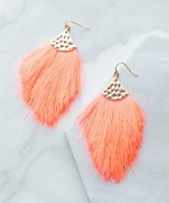 MYS WHOLESALE Neon Pink Tassel Dangle Earrings With Gold Hammered Metal