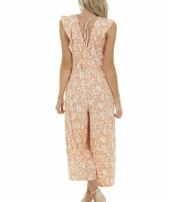 Ces Femme Salmon Printed Short Sleeve Jumpsuit With Front Ring Keyhole