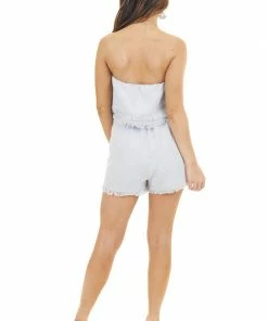 LE LIS Dove Grey Strapless Romper With Frayed Hemline And Tie