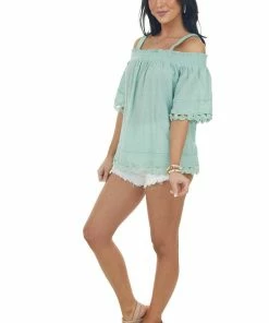 Davi & Dani Sage Cold Shoulder Lace Trim Swiss Dot Top Tops 19 Davi & Dani Sage Cold Shoulder Lace Trim Swiss Dot Top Tops