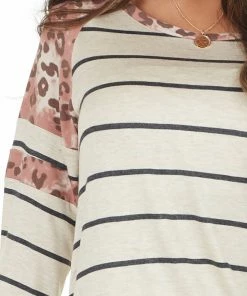 Lovely Melody Heathered Beige Striped Knit Top With Leopard Print Contrast Tops
