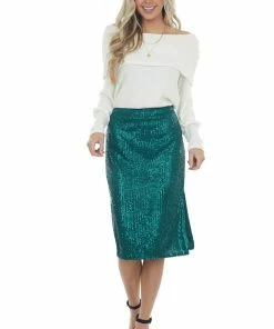 Vine & Love Bottoms Forest Green Sequin Midi Skirt With Side Slit