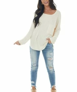 BiBi Tops Champagne Textured Knit Top With Chest Pocket 15 BiBi Tops Champagne Textured Knit Top With Chest Pocket