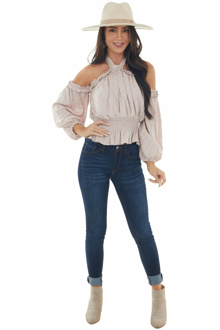 Peach Love Light Latte Swiss Dot Off Shoulder Halter Top Tops 13 Peach Love Light Latte Swiss Dot Off Shoulder Halter Top Tops