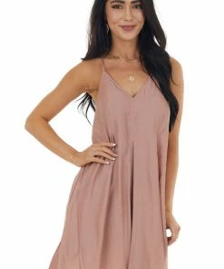 Entro Dusty Rose Large Pleat Sleeveless Cami Dress With V Neck Dresses