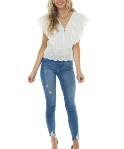 Davi & Dani White Short Sleeve Top With Buttons And Floral Eyelet Lace Tops